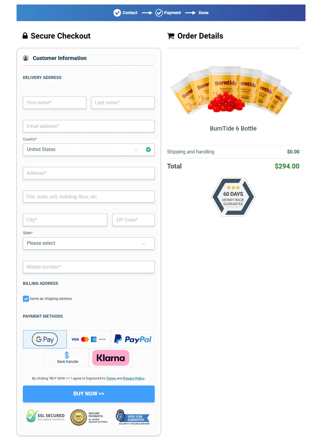 Burntide Payment Screen